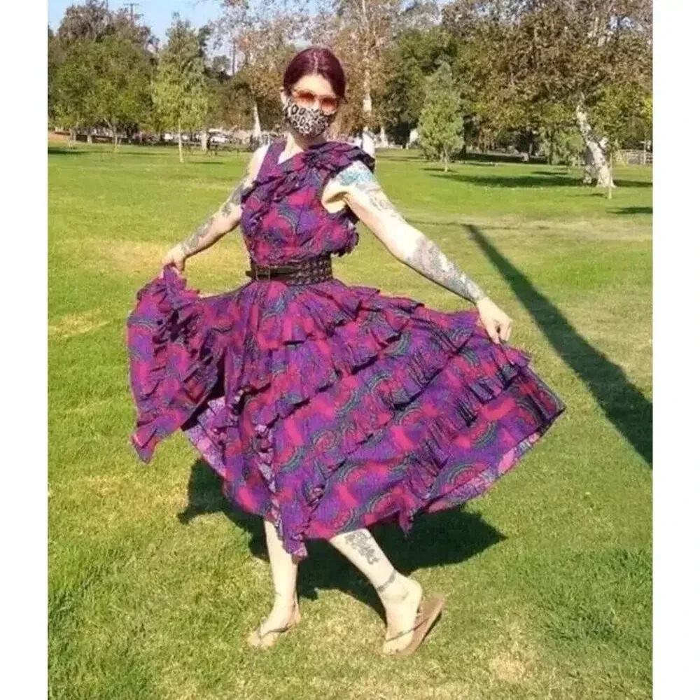 NWT Ulla Johnson IMOGEN Purple Print Ruffle Asymmetrical Midi Dress Size… - Picture 13 of 16